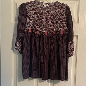 Umgee Purple Patterned Boho Tunic with Floral Trim